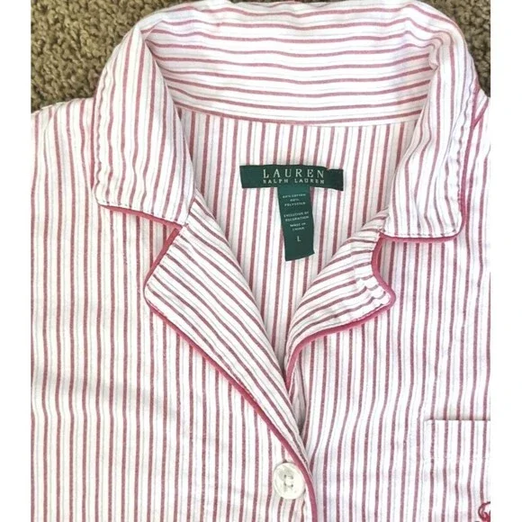 Lauren Ralph Lauren Pajama Top Women Sz Large Pink White Striped Button Pocket - Picture 3 of 6
